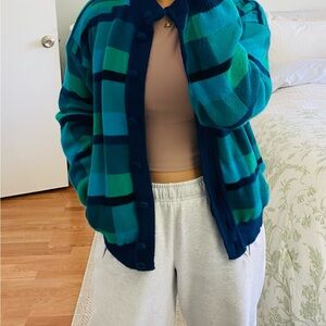 Plaid Women's Cardigan Sweater - Blue and Green